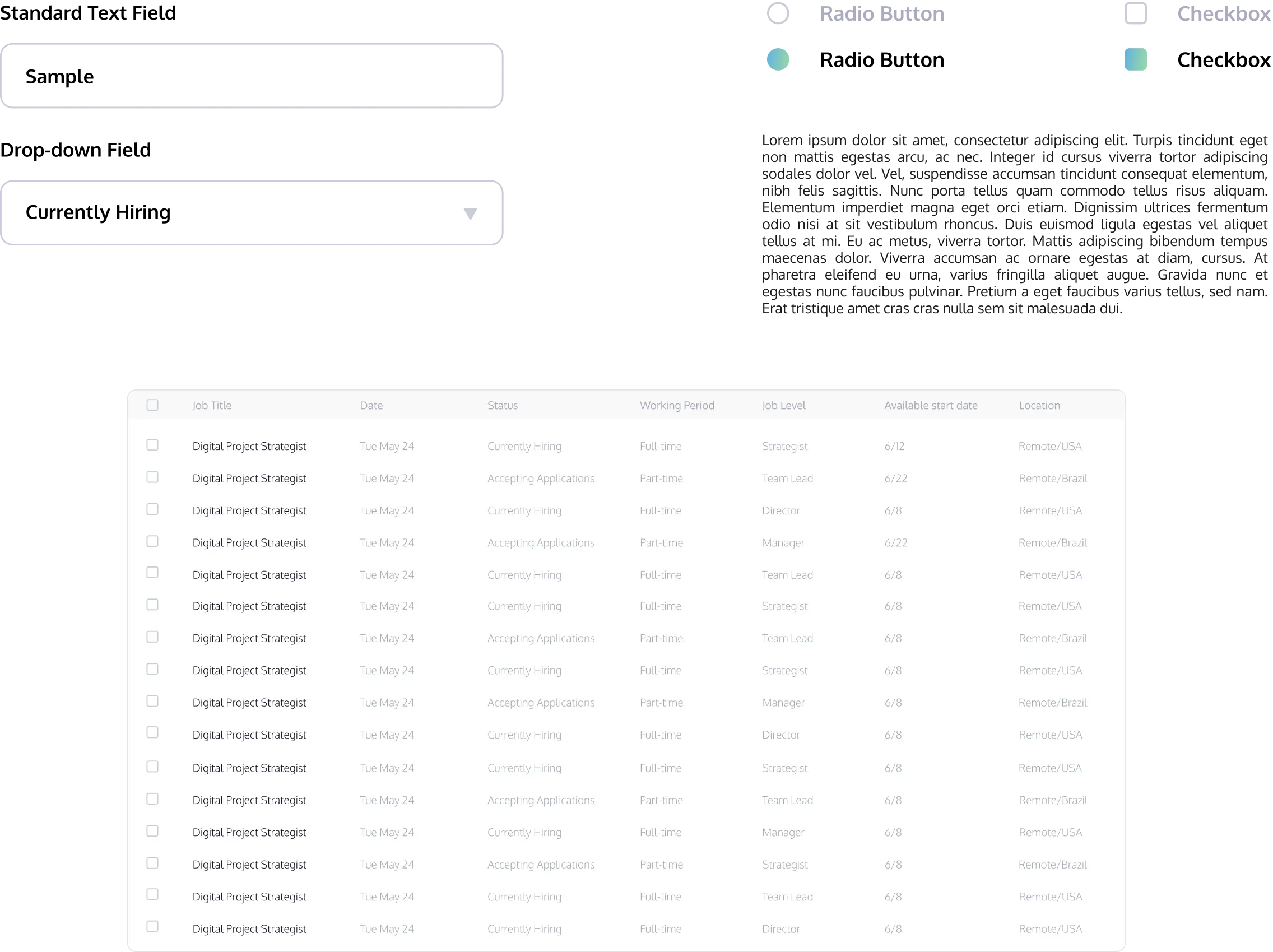 Drop-downs, fields, radio buttons and checkboxes being featured